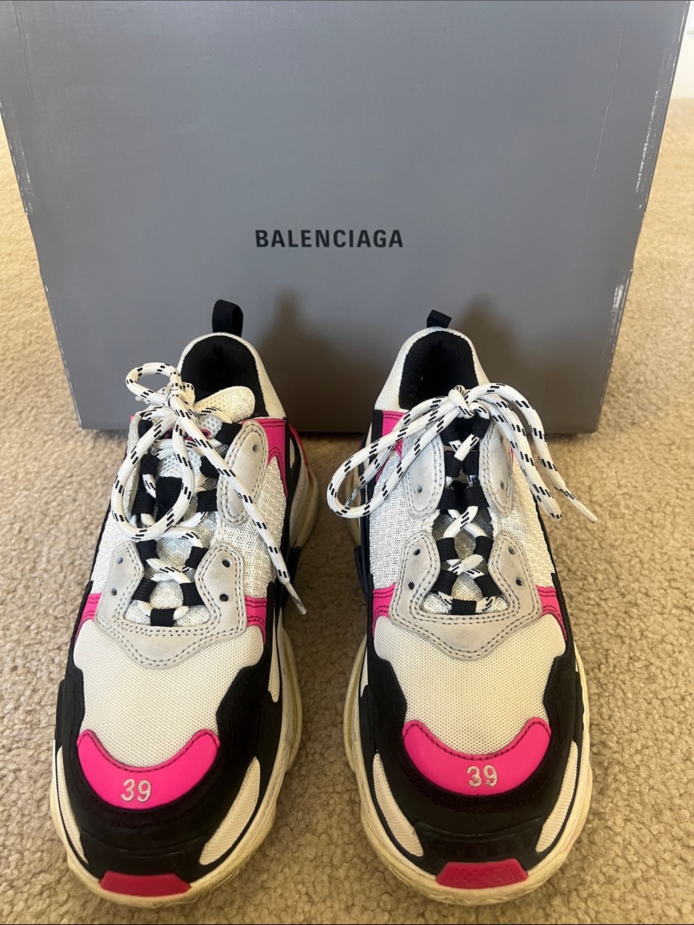 Balenciaga White, Black & Pink Triple S Sneakers